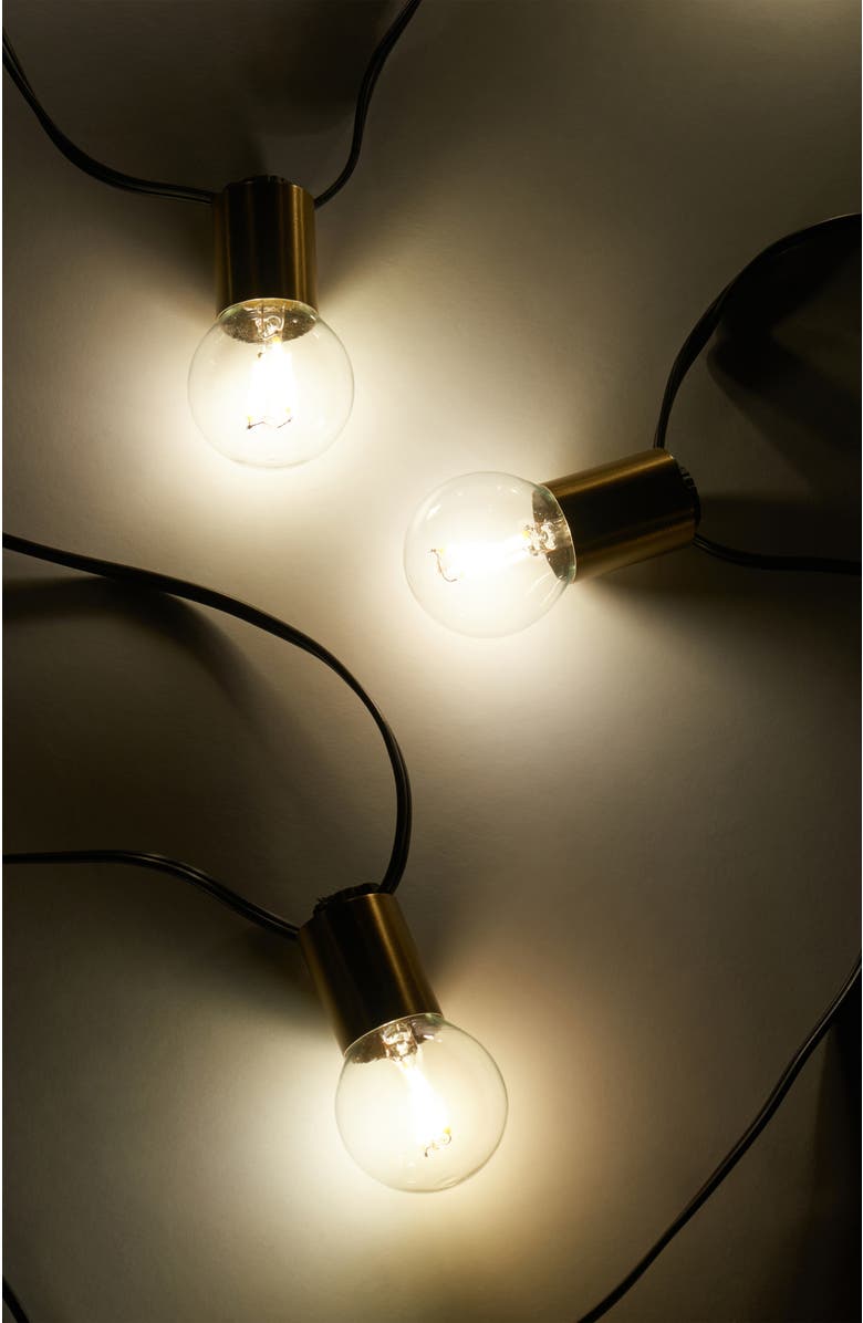 Brightech 27 ft, 12 Light Plug In Heavy Duty Weatherproof LED Outdoor String Lights, Gold Accent Brass Socket and Round Bulbs, Alternate, color, 27 Ft 12 Bulbs | Soft White