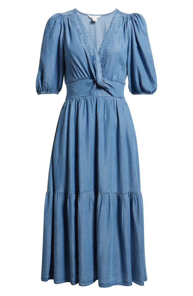 Caslon<sup>®</sup> Twist Front Puff Sleeve Chambray Midi Dress, Alternate, color, Medium Wash