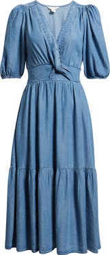 Caslon® Twist Front Puff Sleeve Chambray Midi Dress