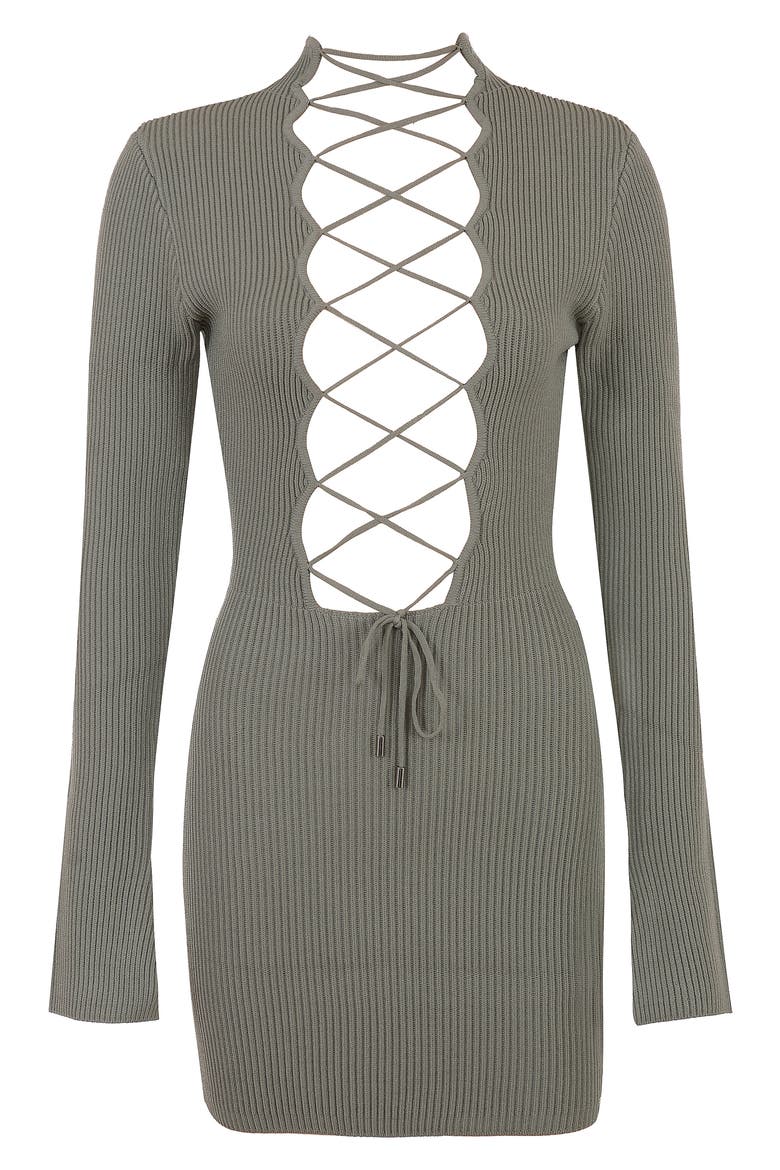 Jada Long Sleeve Lattice Front Rib Stitch Minidress, Alternate, color, ARTICHOKE