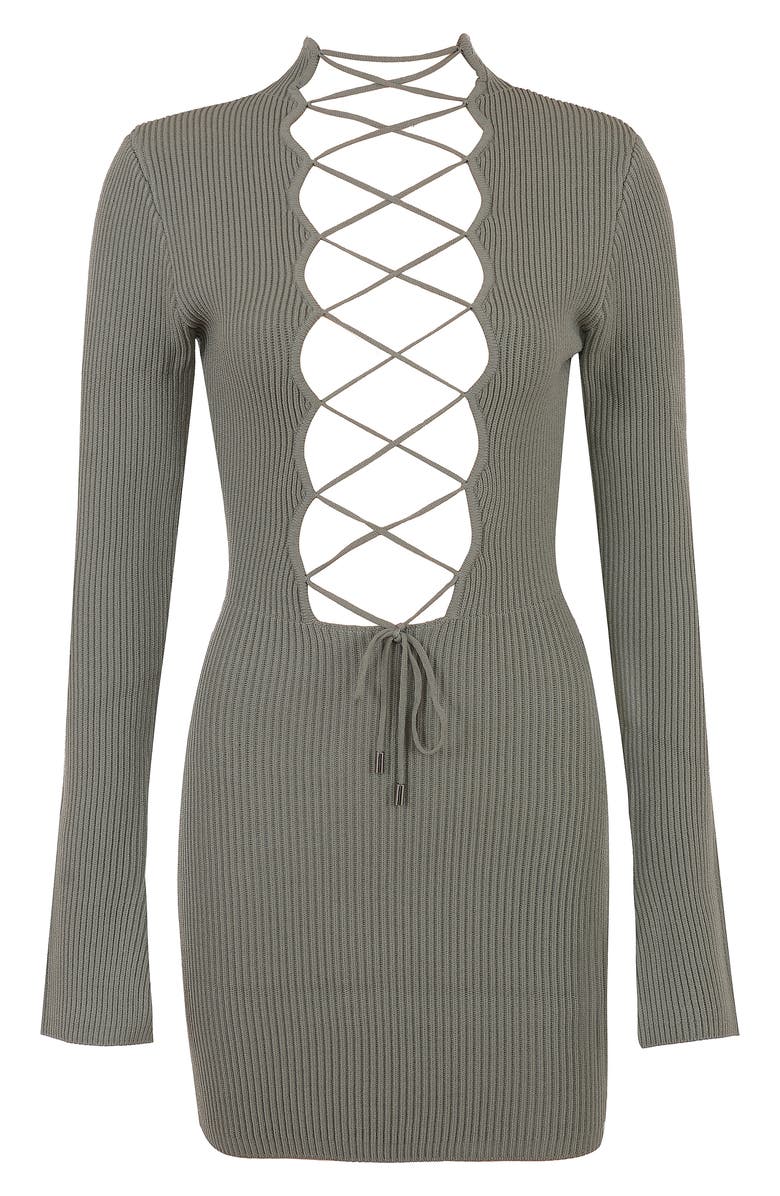 HOUSE OF CB Jada Long Sleeve Lattice Front Rib Stitch Minidress, Alternate, color, 