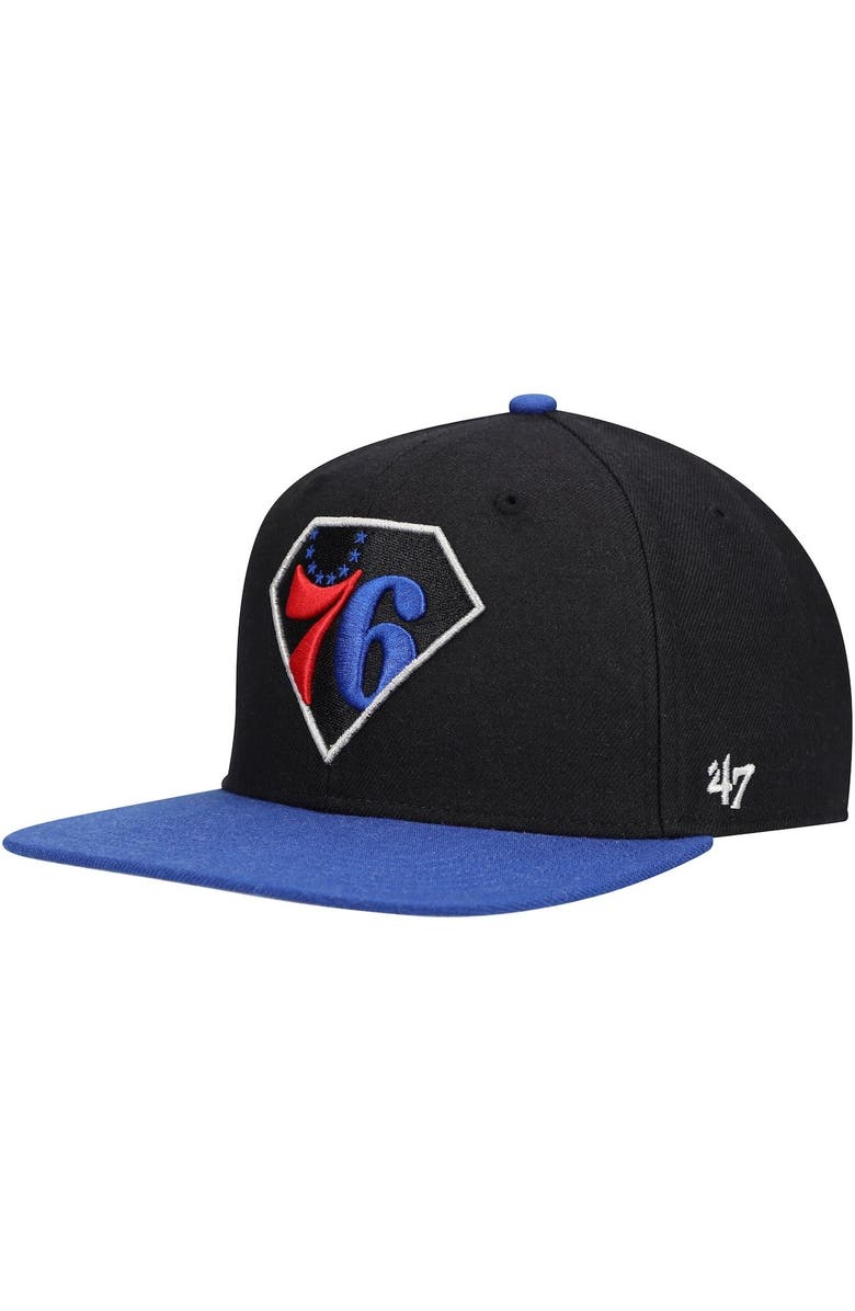'47 Men's '47 Black/Royal Philadelphia 76ers 75th Anniversary Carat Captain Snapback Hat, Alternate, color, Black