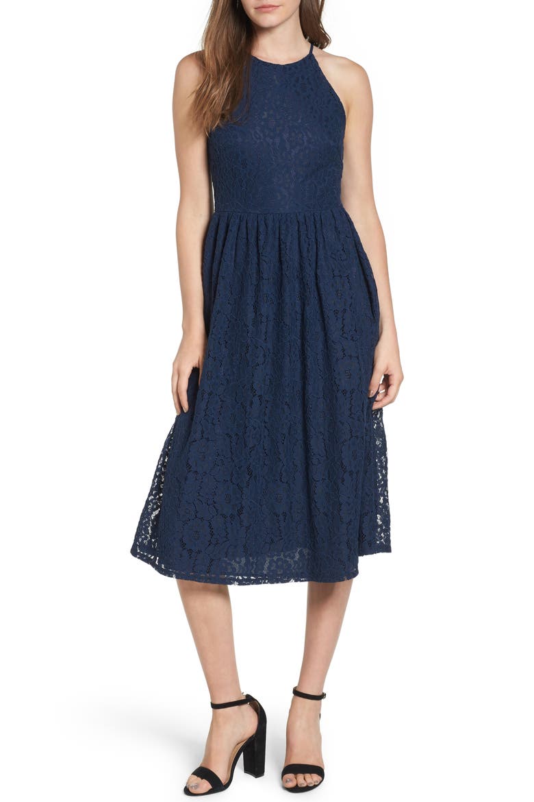 High Neck Lace Midi Dress, Main, color, NAVY