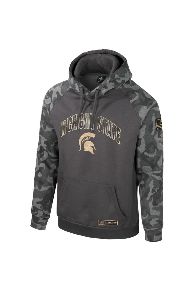 Men's Colosseum Charcoal Michigan State Spartans OHT Military Appreciation Camo Raglan Pullover Hoodie, Alternate, color, Charcoal
