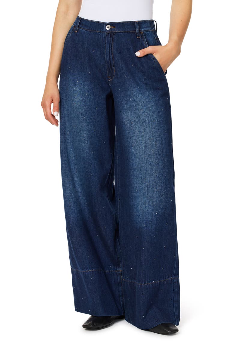 High Waist Rhinestone Wide Leg Trouser Jeans, Main, color, WELLINGTON