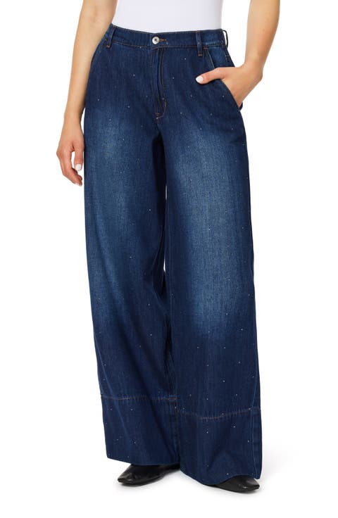 High Waist Rhinestone Wide Leg Trouser Jeans