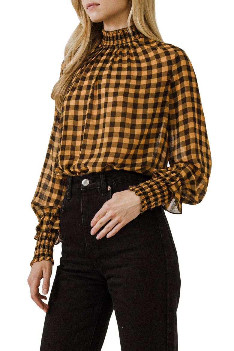 Checkered Mock Neck Long Sleeve Blouse, Alternate, color, YELLOW/ BLACK