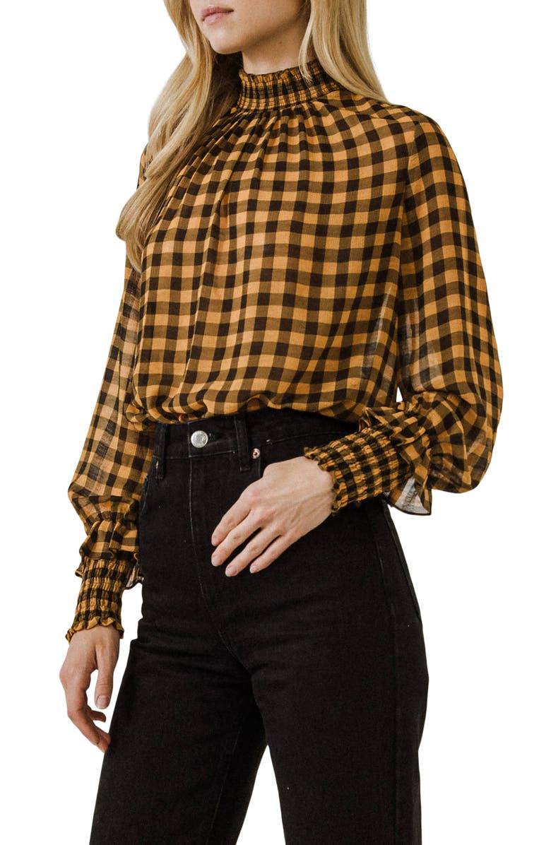 English Factory Checkered Mock Neck Long Sleeve Blouse, Alternate, color, 