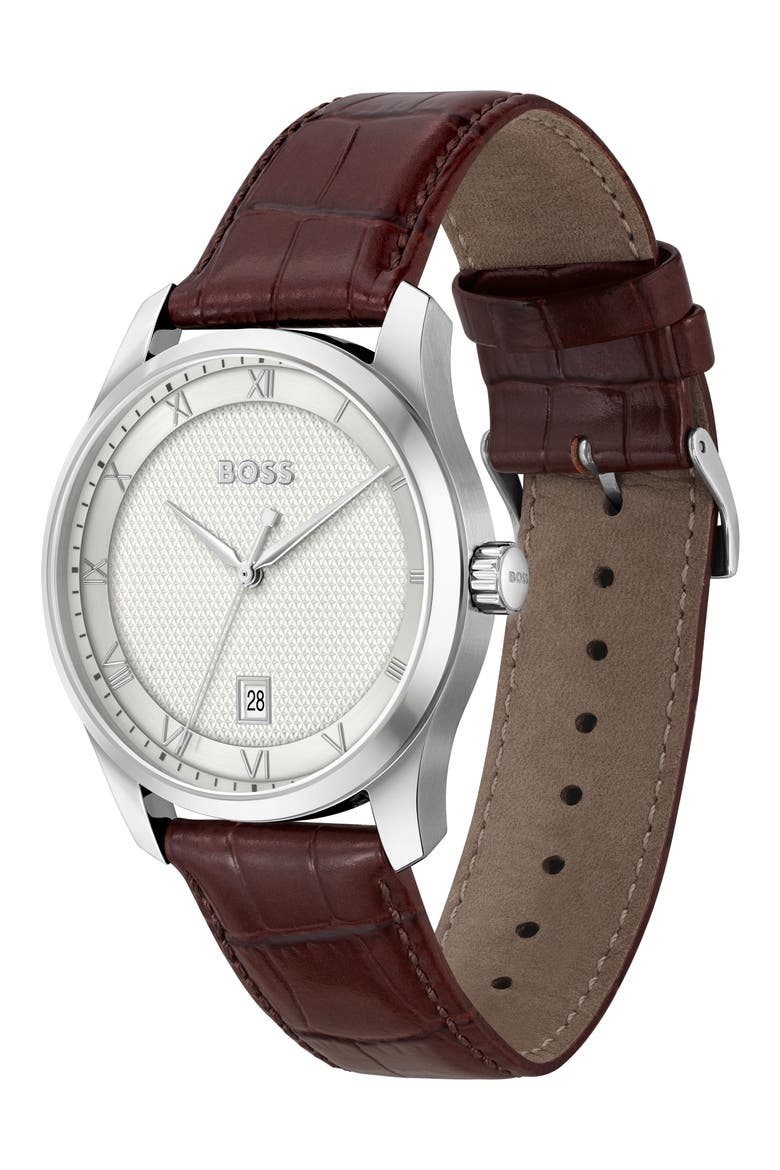 Principle Leather Strap Watch, 45mm, Alternate, color, SILVER
