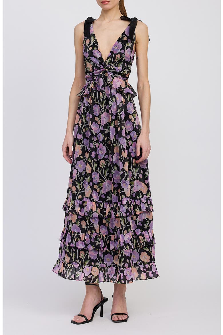 Becca Floral Tiered Dress, Main, color, BLACK PURPLE ORANGE
