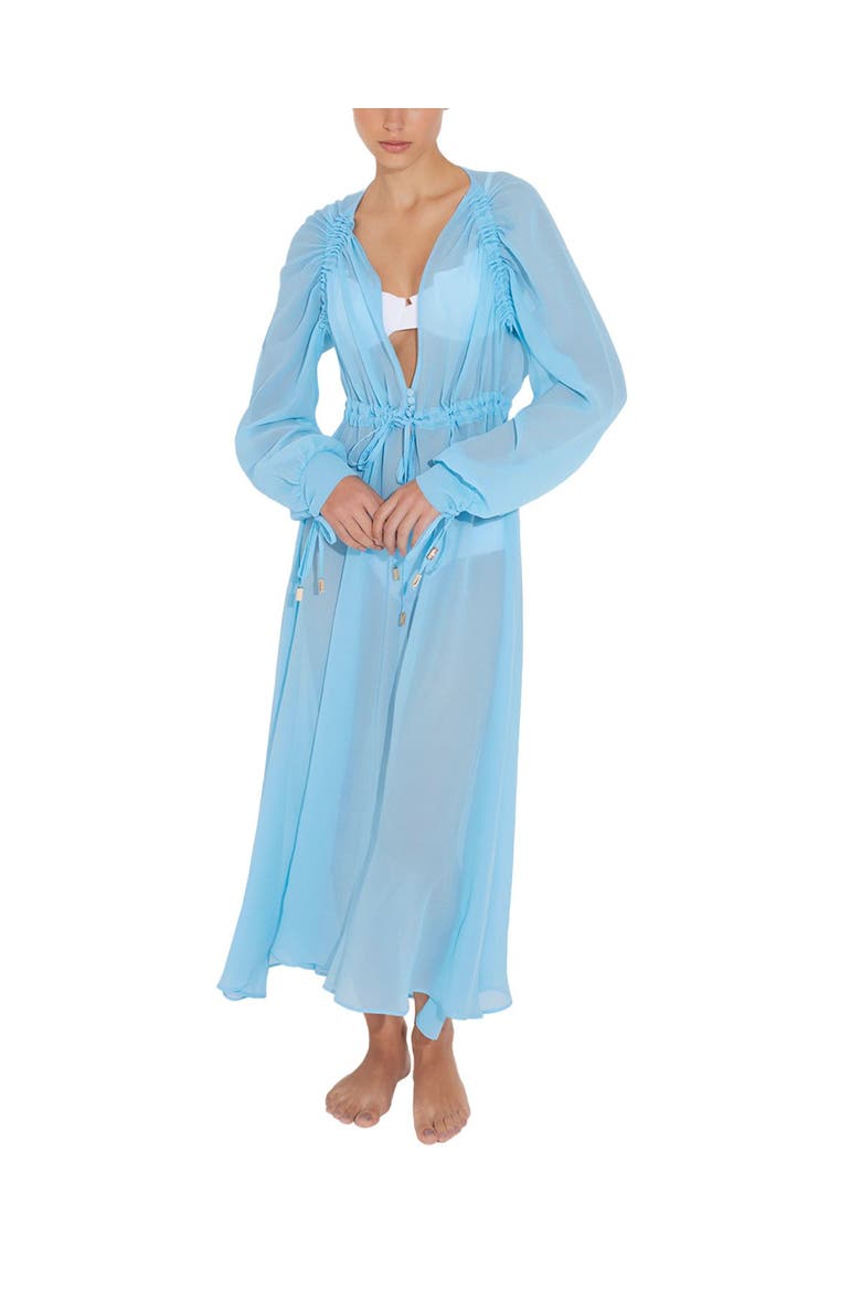 Lula Silk Blouson-Sleeve Belted Sheer Maxi Dress, Main, color, Blue