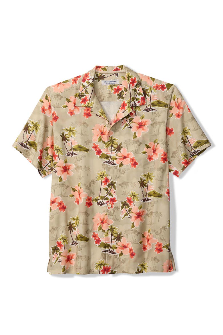 Coastal Ease Palm & Petals Floral IslandZone® Camp Shirt, Main, color, CAMEO