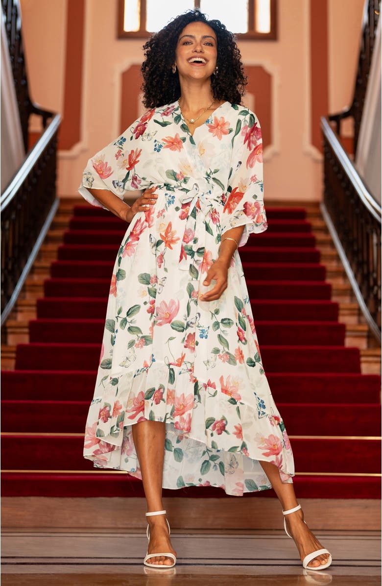 Yumi Floral Dip Hem Dress, Alternate, color, Ivory