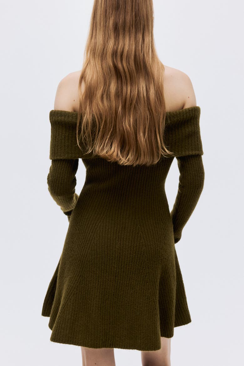 Rib-knit Off-the-shoulder Dress, Alternate, color, Dark khaki green