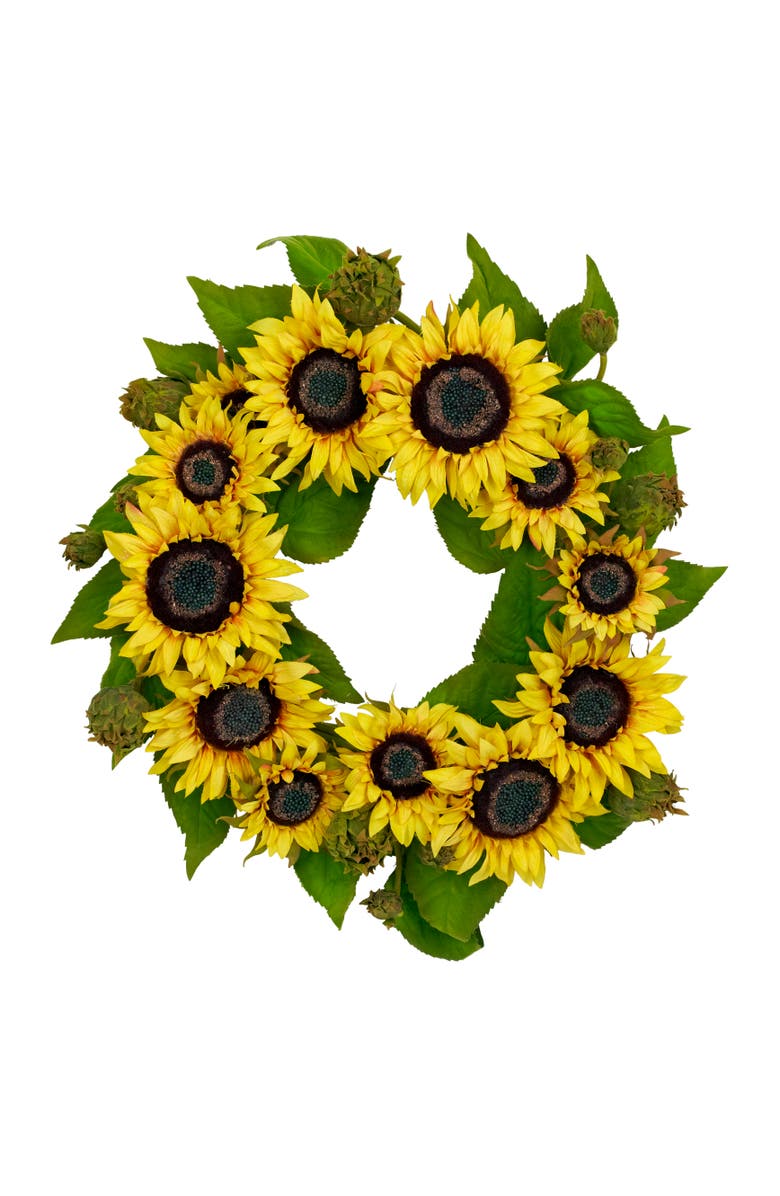 NEARLY NATURAL 22-in Sunflower Wreath, Main, color, Yellow