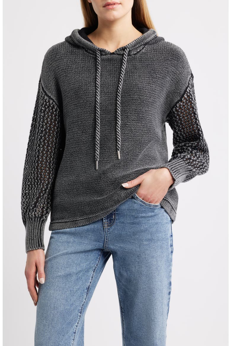 Open Stitch Hoodie, Main, color, BLACK