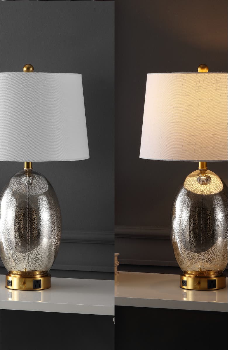 JONATHAN Y Reese 26.5" 1-Outlet Contemporary Style Iron/Glass LED Table Lamp with USB Charging Port, Alternate, color, Silver/Brass Gold