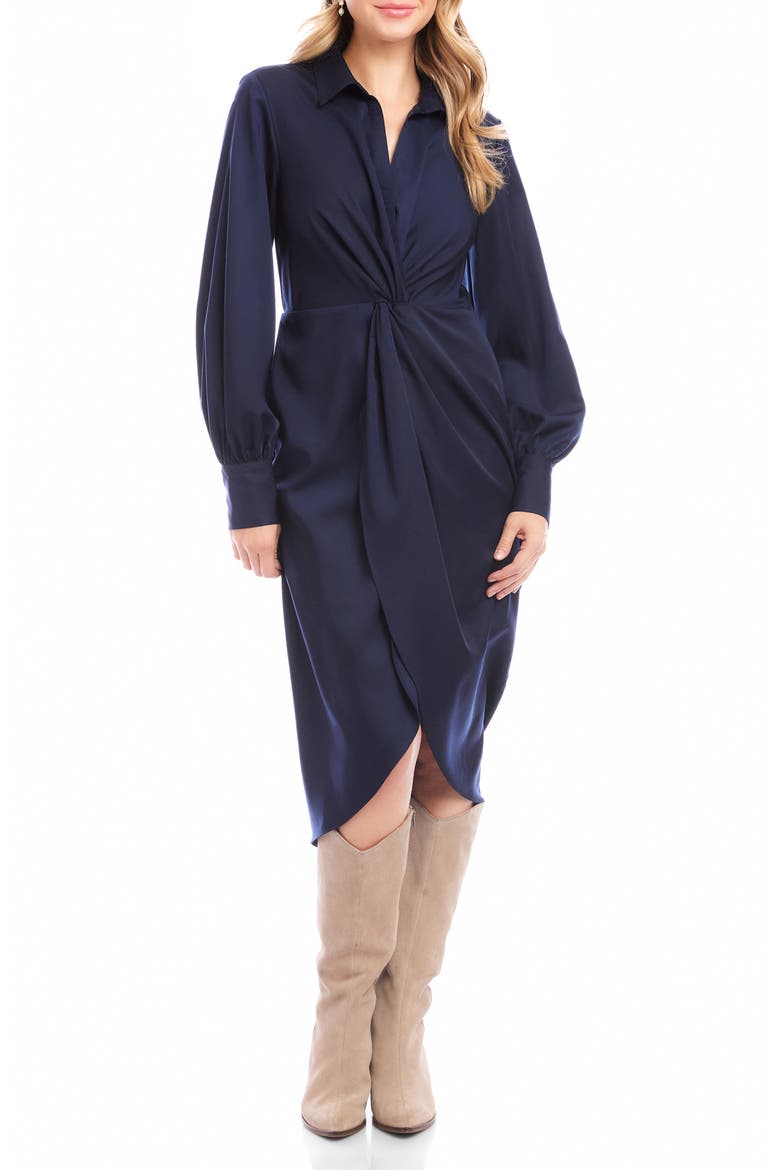 Savannah Twist Front Long Sleeve Sateen Midi Dress, Main, color, NAVY