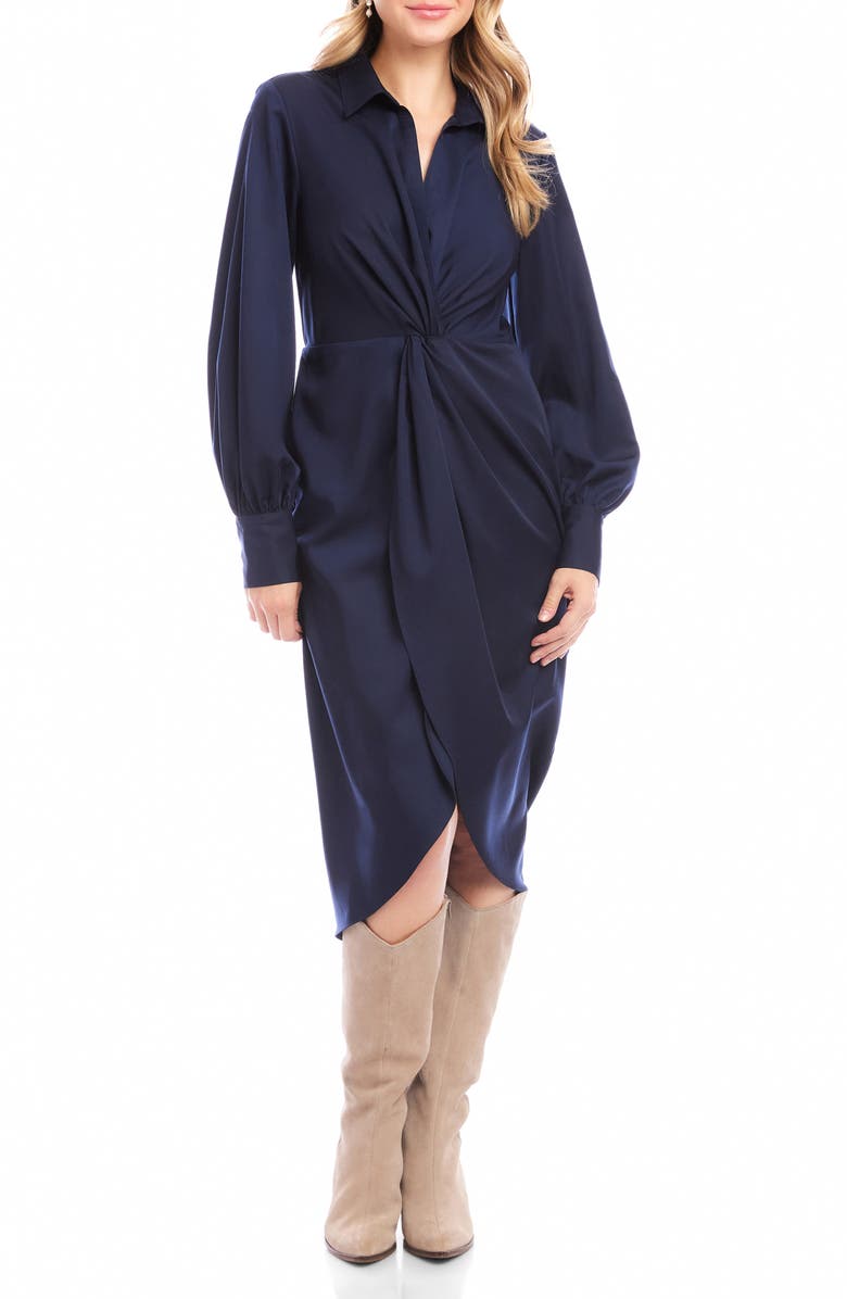 Karen Kane Savannah Twist Front Long Sleeve Sateen Midi Dress, Main, color, Navy
