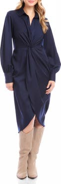 Karen Kane Savannah Twist Front Long Sleeve Sateen Midi Dress