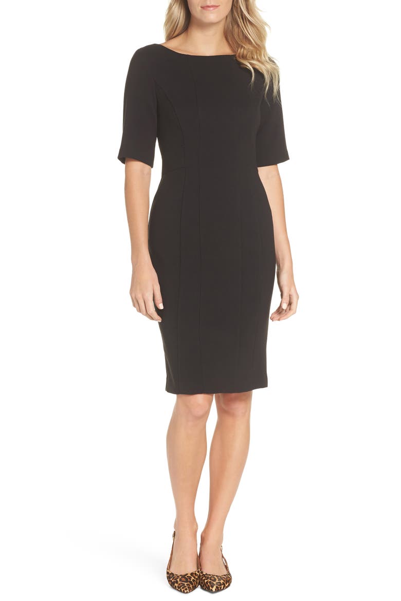 Bateau Neck Crepe Sheath Dress, Main, color, BLACK