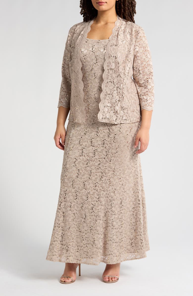 SL FASHIONS Long Fit & Flare Jacket Dress, Main, color, Champagne