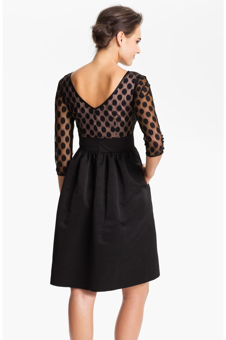 Dot Mesh Bodice Fit & Flare Dress, Alternate, color, BLACK