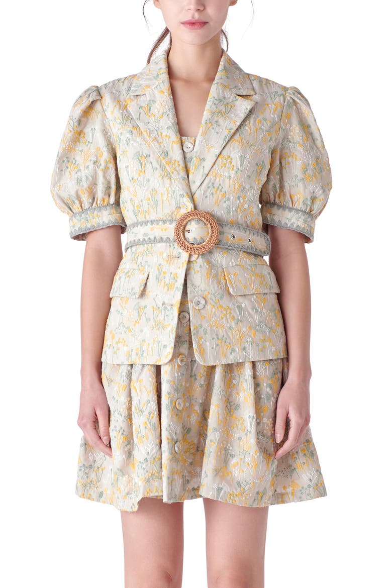 Floral Embroidered Puff Sleeve Blazer, Alternate, color, TAN MULTI