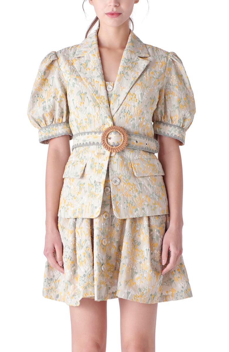 English Factory Floral Embroidered Puff Sleeve Blazer, Alternate, color, Tan Multi
