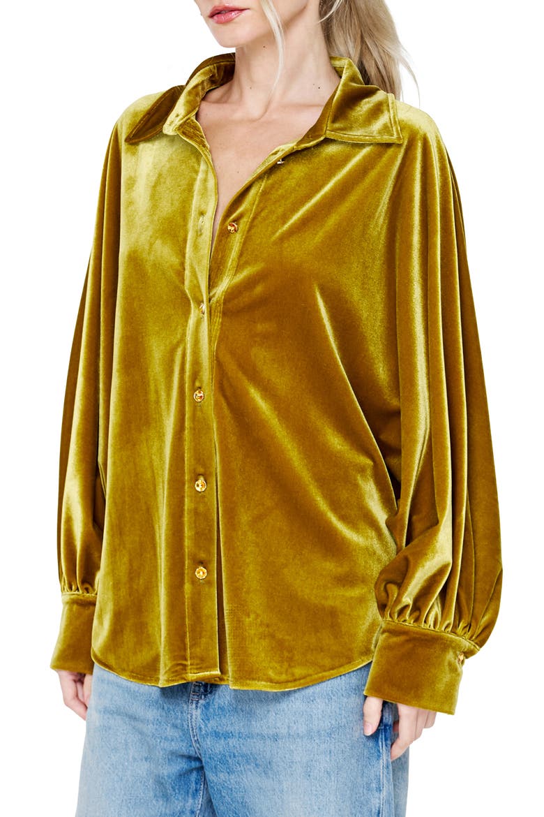 Amira Oversized Stretch Velvet Shirt, Alternate, color, CELERY
