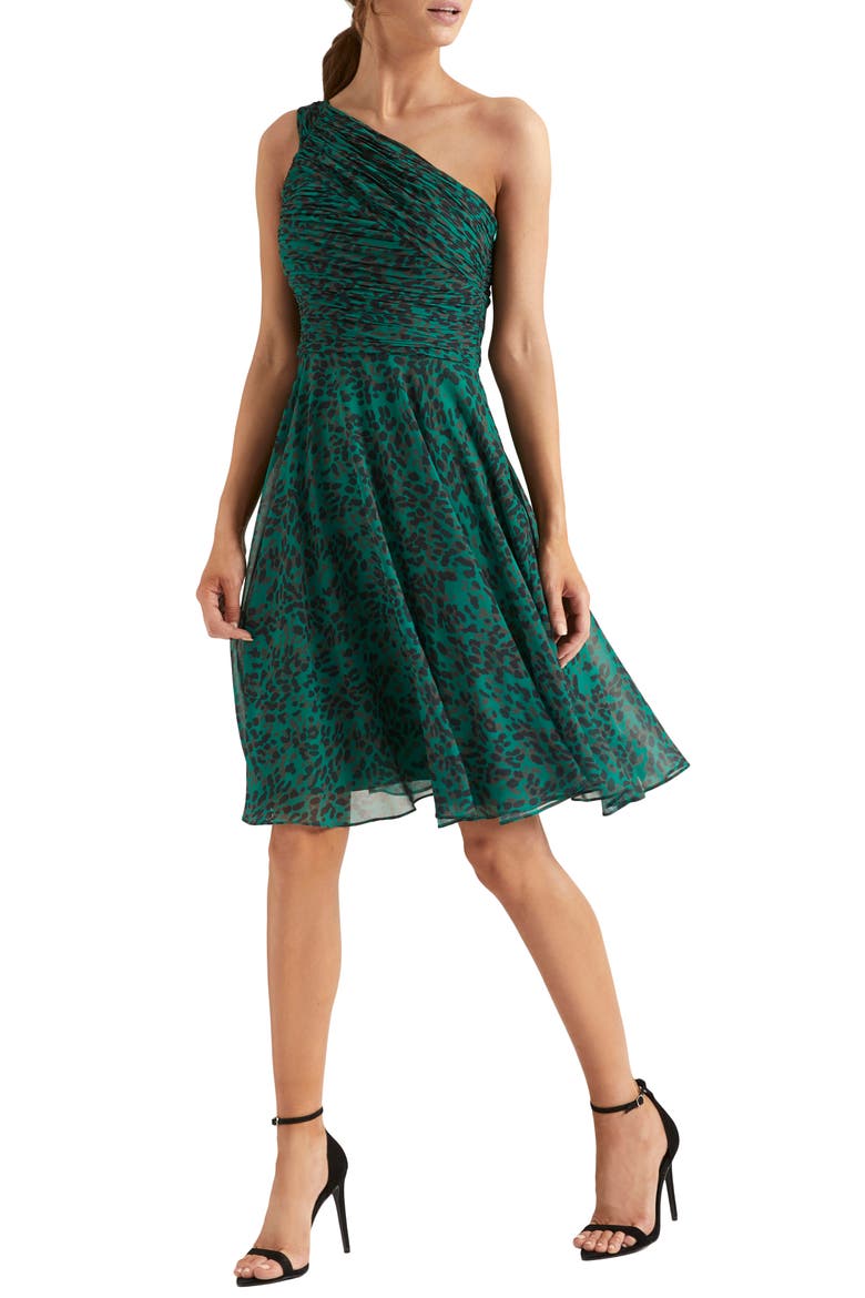 Heritage One-Shoulder Pleated Cocktail Dress, Alternate, color, EMERALD TEXTURE CHEETAH PRINT
