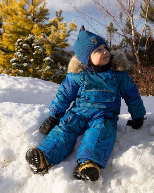 Deux Par Deux One-piece Play Snowsuit Designed For Car Seat Dinosaur In Blue