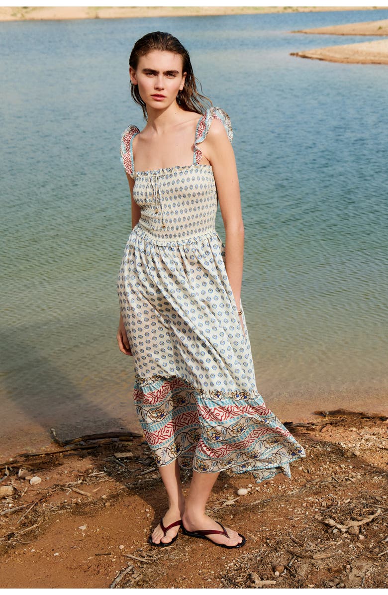 H&M Flared-skirt Smocked Dress, Alternate, color, Light Beige/Patterned