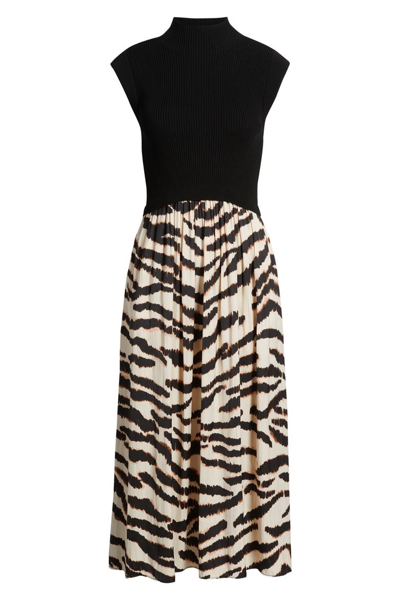 Mock Neck Cap Sleeve Midi Dress, Alternate, color, BLACK MULTI