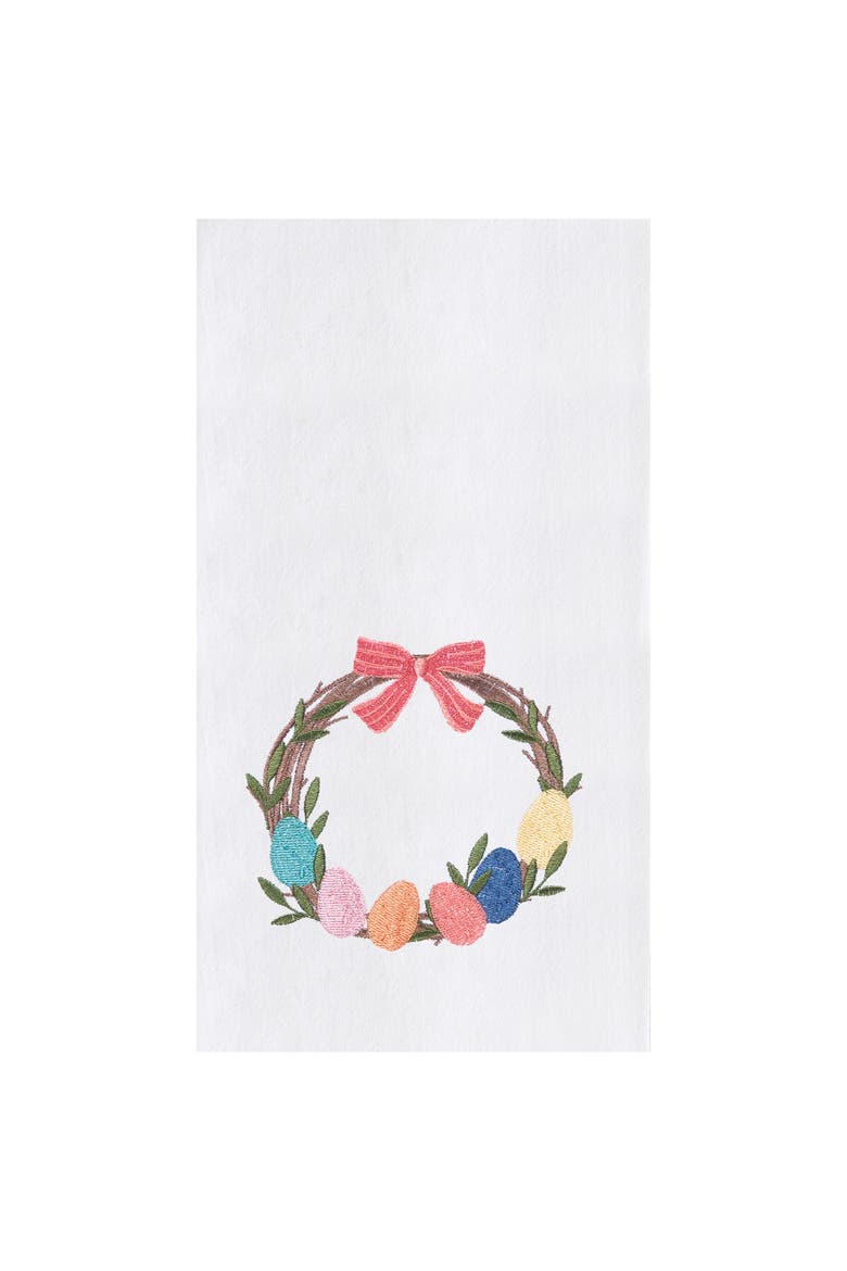 Springtime Easter Egg Wreath with Ribbon Kitchen and Bathroom Embroidered Hand Towel, Main, color, Pink