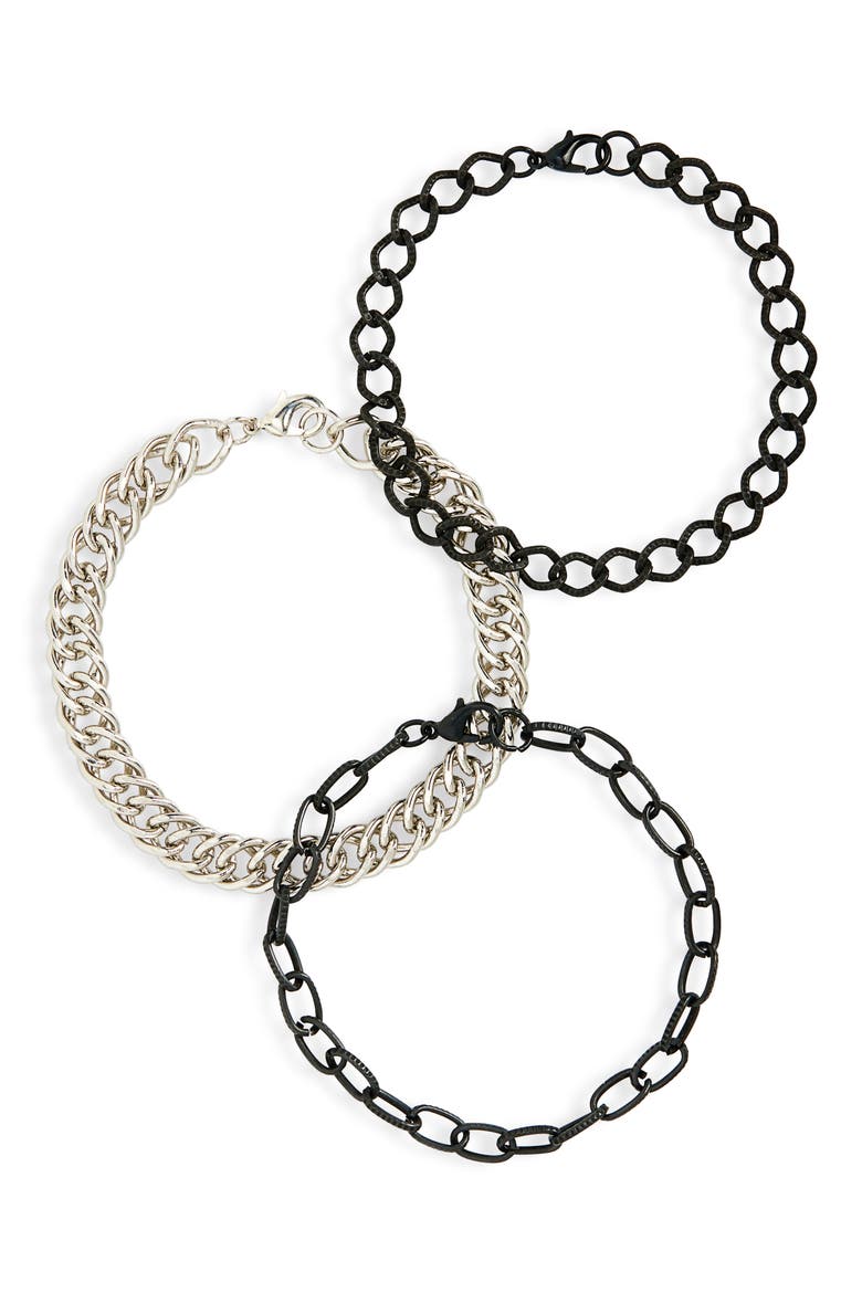 Men's Set of 3 Assorted Chain Bracelets, Main, color, BLACK
