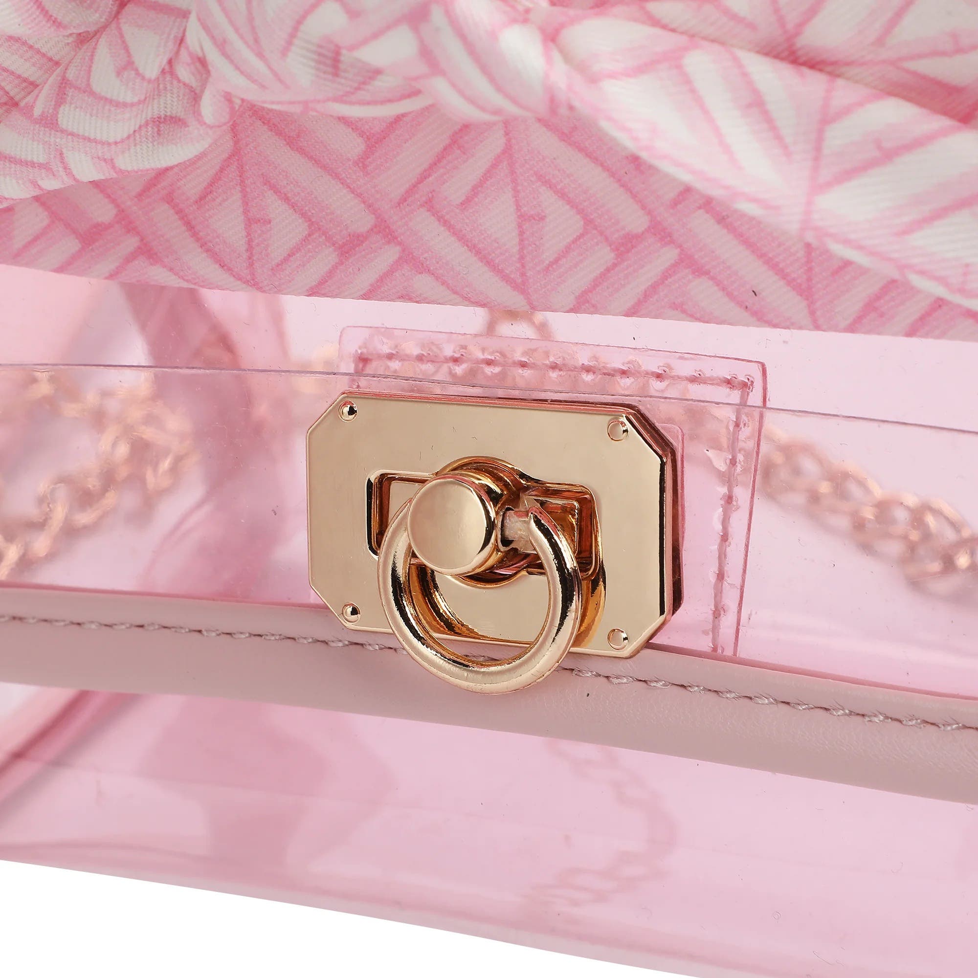 Clear Mini Crossbody Bag - Pink Trim with Gold Chain Strap, Removable Satin Bow Scarf, Top Handle, 7x3.5x5 Inch, Alternate, color, Pink