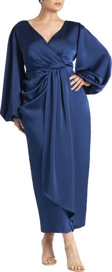 open lace back dress Deep V-Neck Puff Sleeve Pleated Satin Dress, White / Xs