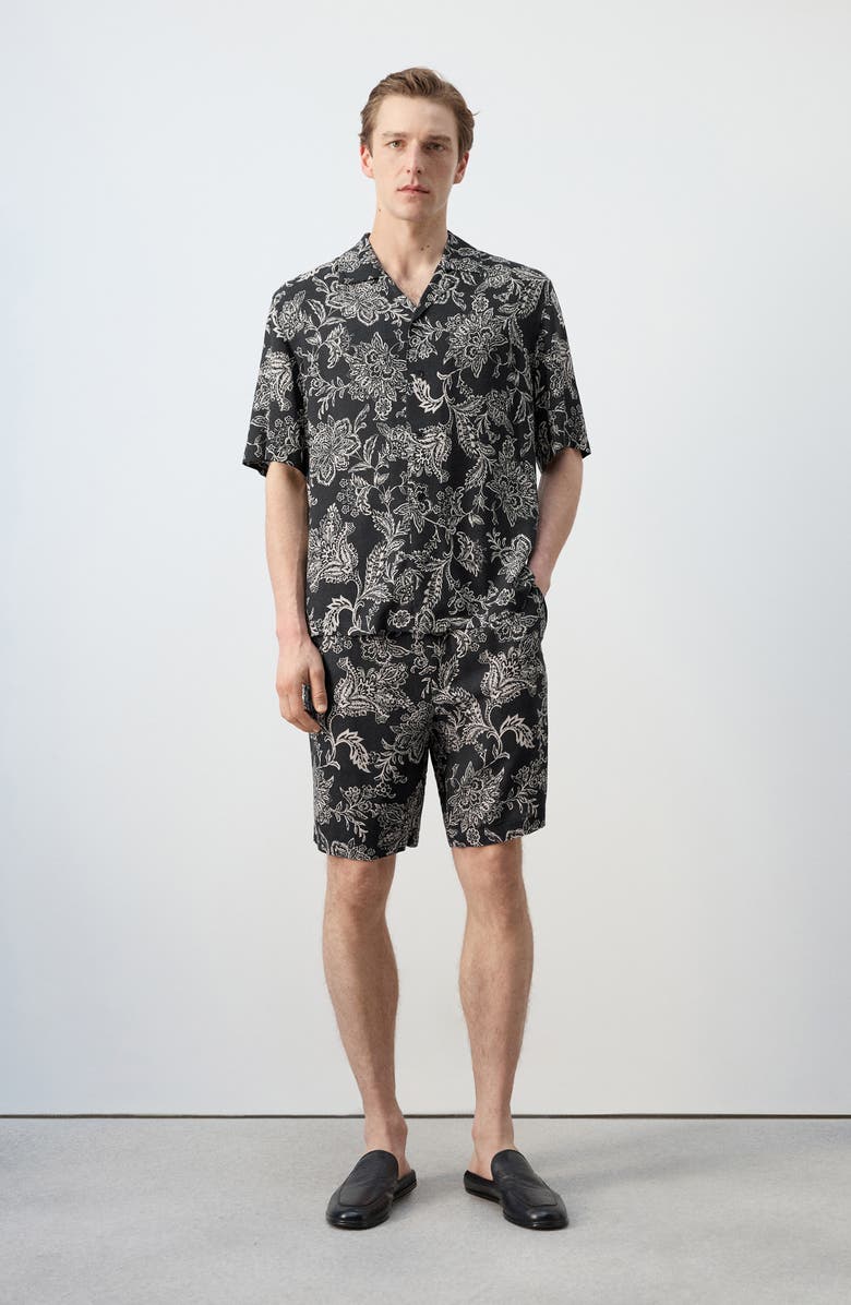 MANGO Floral Print Camp Shirt, Alternate, color, Black