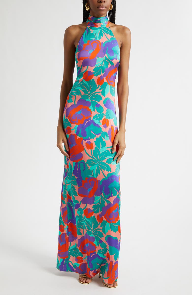 Ramy Brook Dahlia Tatiana Halter Neck Gown, Main, color, Coral Floral