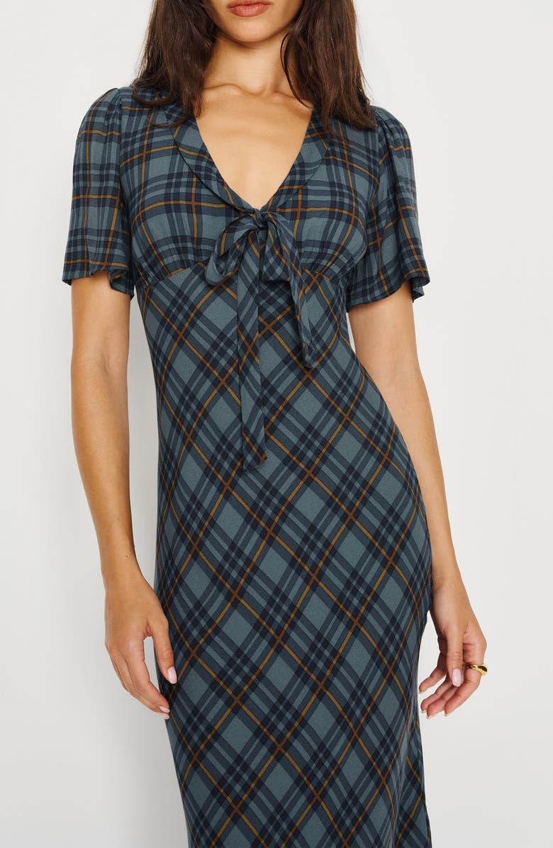 Reformation Tyra Plaid Crepe Midi Dress, Alternate, color, Slate Plaid