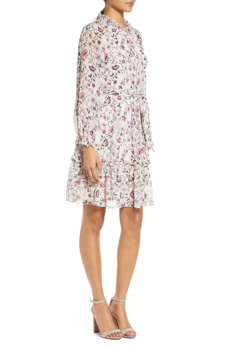 Floral Ruffle Long Sleeve Chiffon Dress, Alternate, color, IVORY