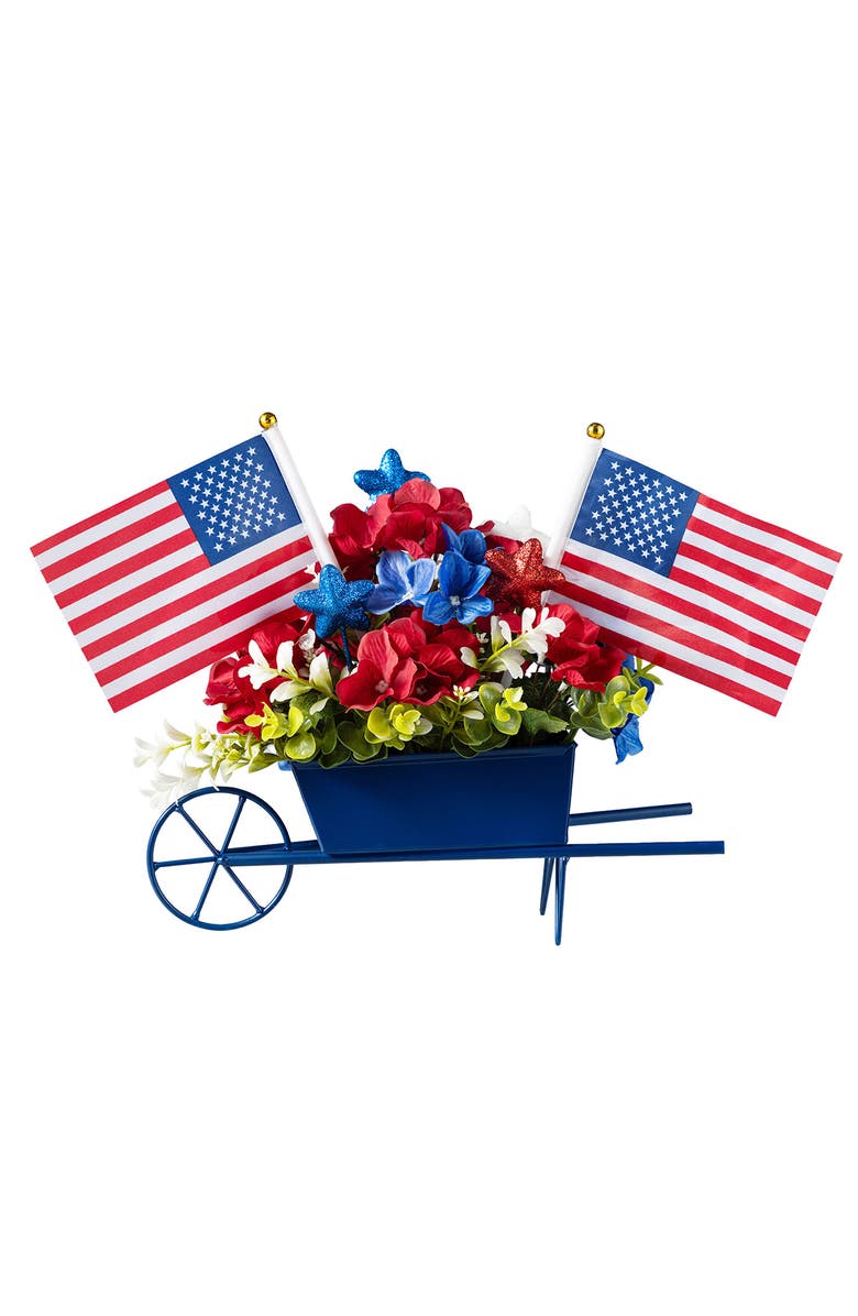 Glitzhome Patriotic Americana Hydrangea Metal Wagon Centerpiece, Main, color, Blue