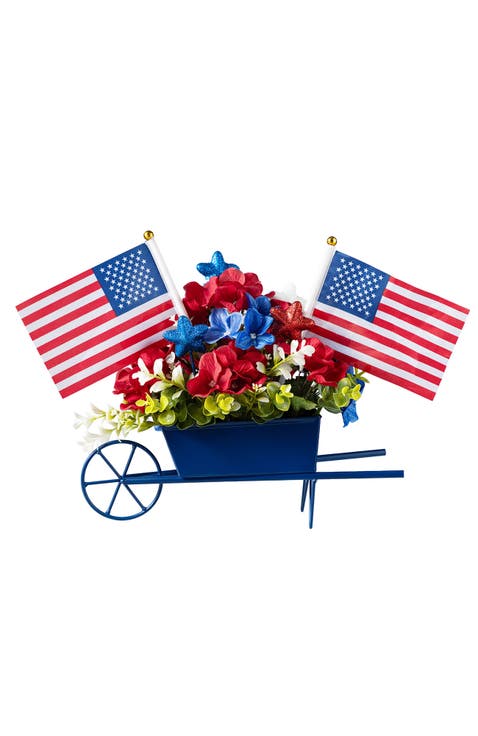 Patriotic Americana Hydrangea Metal Wagon Centerpiece