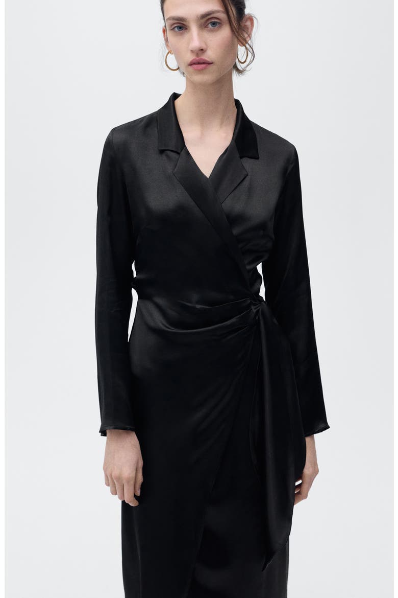 Long Sleeve Satin Wrap Midi Shirtdress, Alternate, color, BLACK