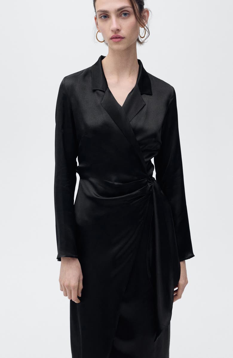 MANGO Long Sleeve Satin Wrap Midi Shirtdress, Alternate, color, Black