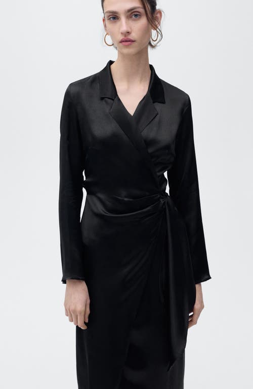 Mango Long Sleeve Satin Wrap Midi Shirtdress In Black