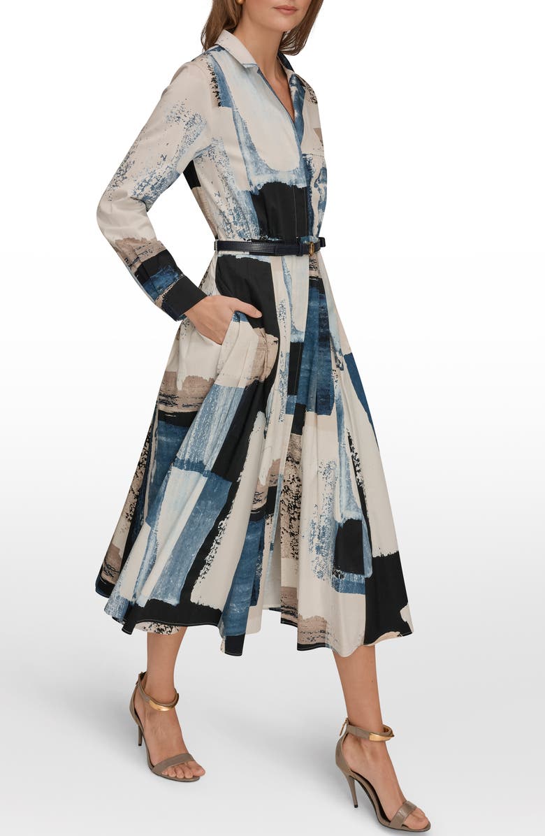 Donna Karan New York Print Pleated Long Sleeve Midi Dress, Alternate, color, Wshd Indigo/ Cream