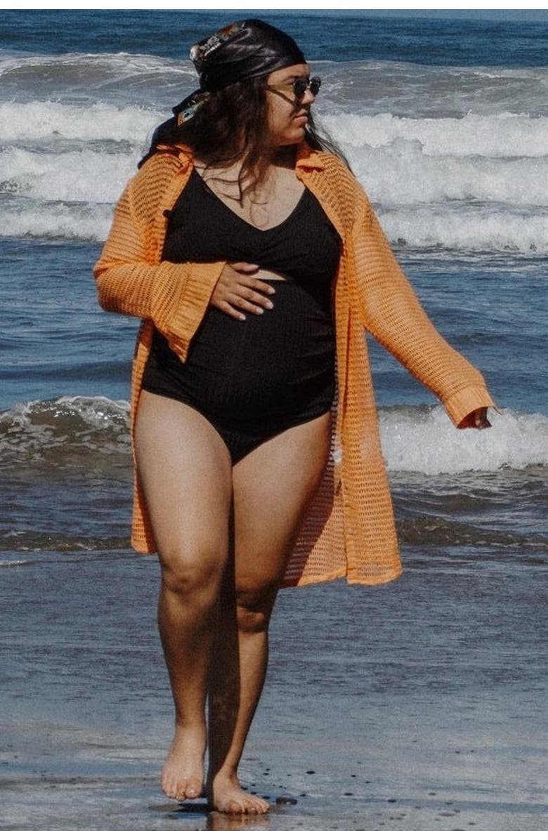 PinkBlush Ribbed Ruched Cutout Flutter One Piece Maternity Swimsuit, Alternate, color, Black