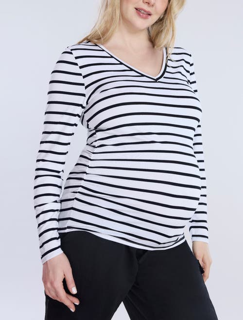 Motherhood Maternity V-neck Side-ruched Maternity Long Sleeve Tee In Black & White Stripe